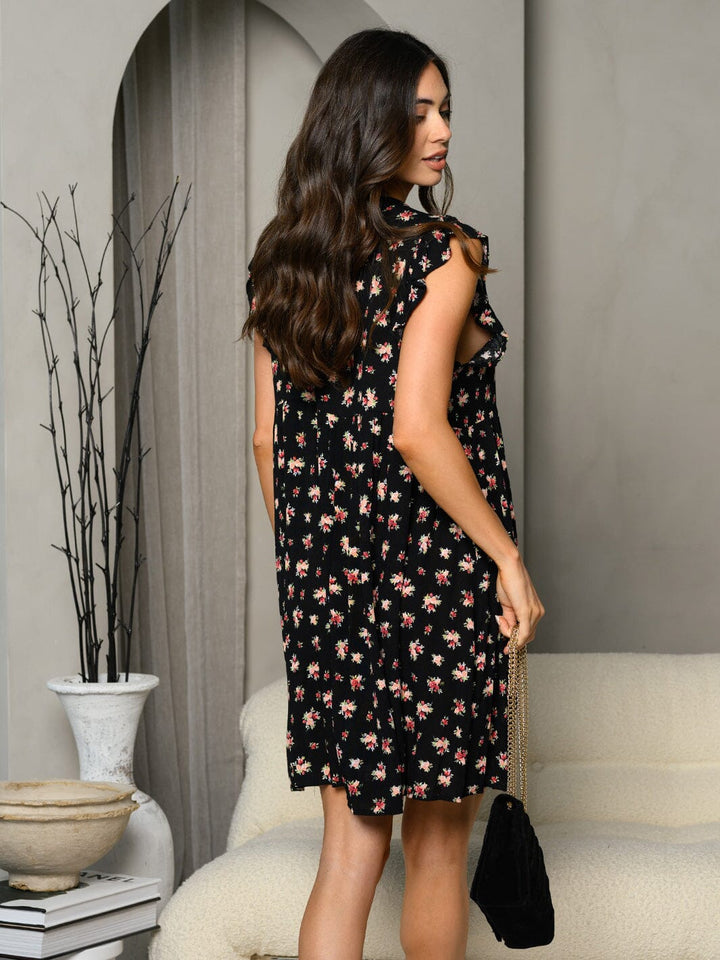 WOMEN'S RUFFLE SLEEVE FRONT TIE FLORAL MINI DRESS