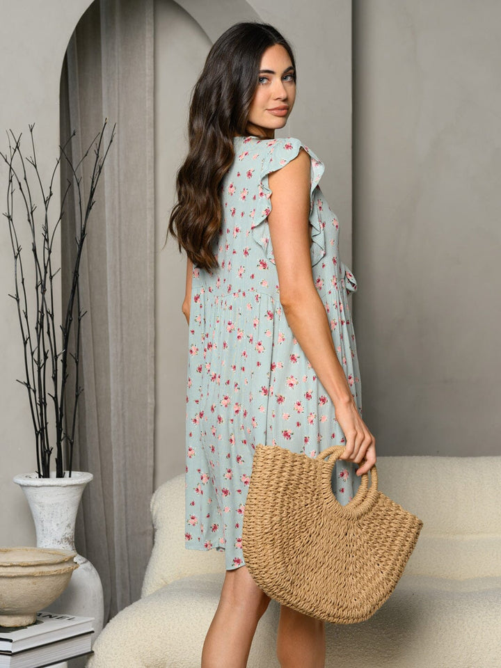 WOMEN'S RUFFLE SLEEVE FRONT TIE FLORAL MINI DRESS