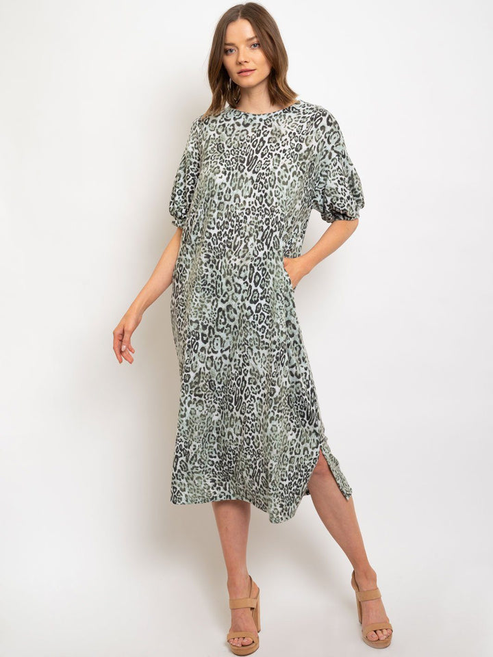 WOMEN'S GREEN ANIMAL PRINT MIDI DRESS