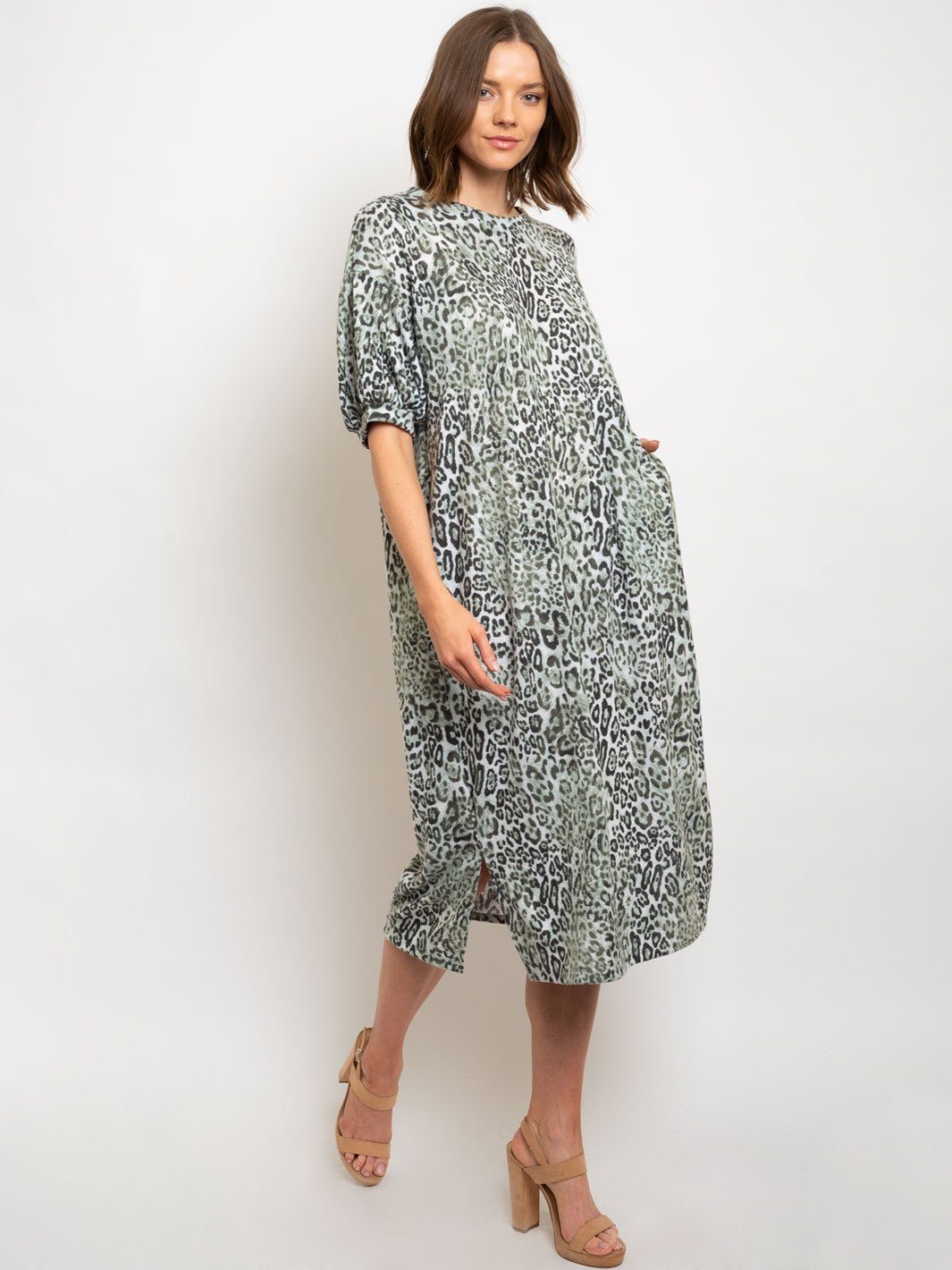 WOMEN'S GREEN ANIMAL PRINT MIDI DRESS