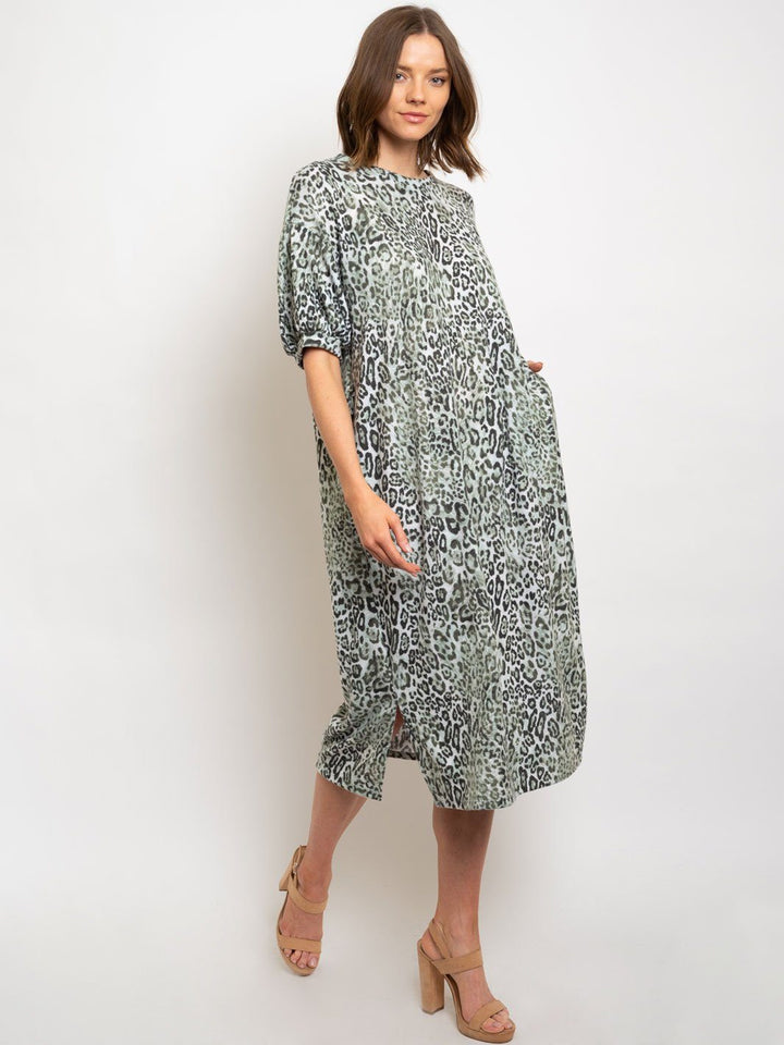 WOMEN'S GREEN ANIMAL PRINT MIDI DRESS