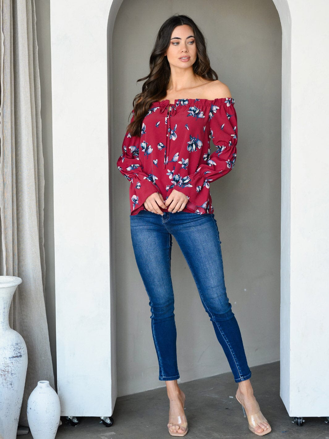WOMEN'S OFF SHOULDER LONG SLEEVE FLORAL TUNIC TOP