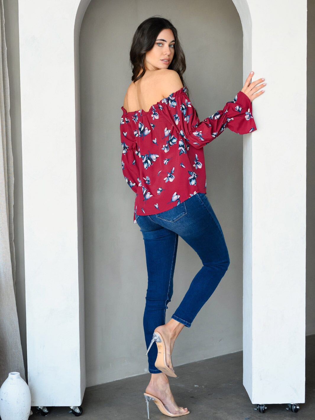 WOMEN'S OFF SHOULDER LONG SLEEVE FLORAL TUNIC TOP