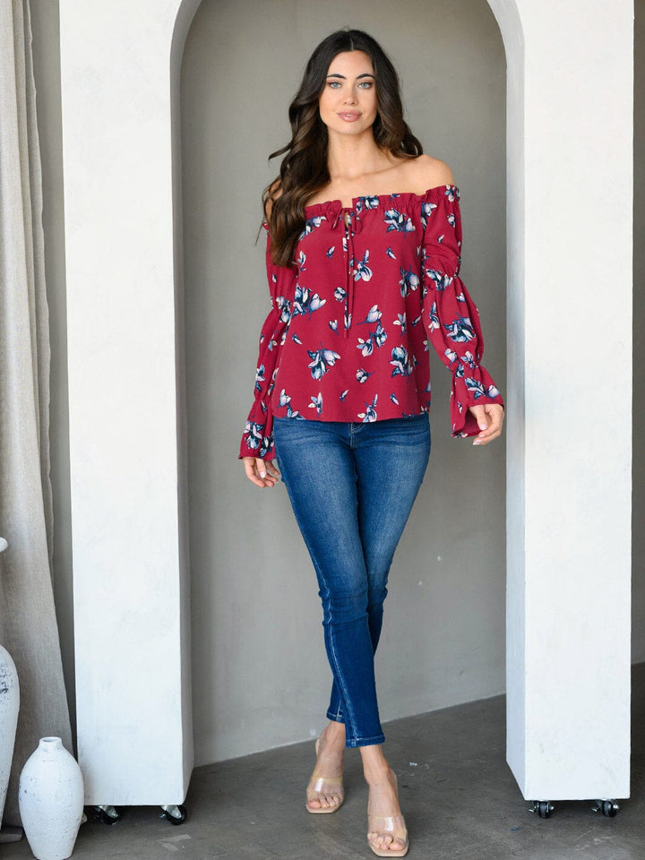 WOMEN'S OFF SHOULDER LONG SLEEVE FLORAL TUNIC TOP