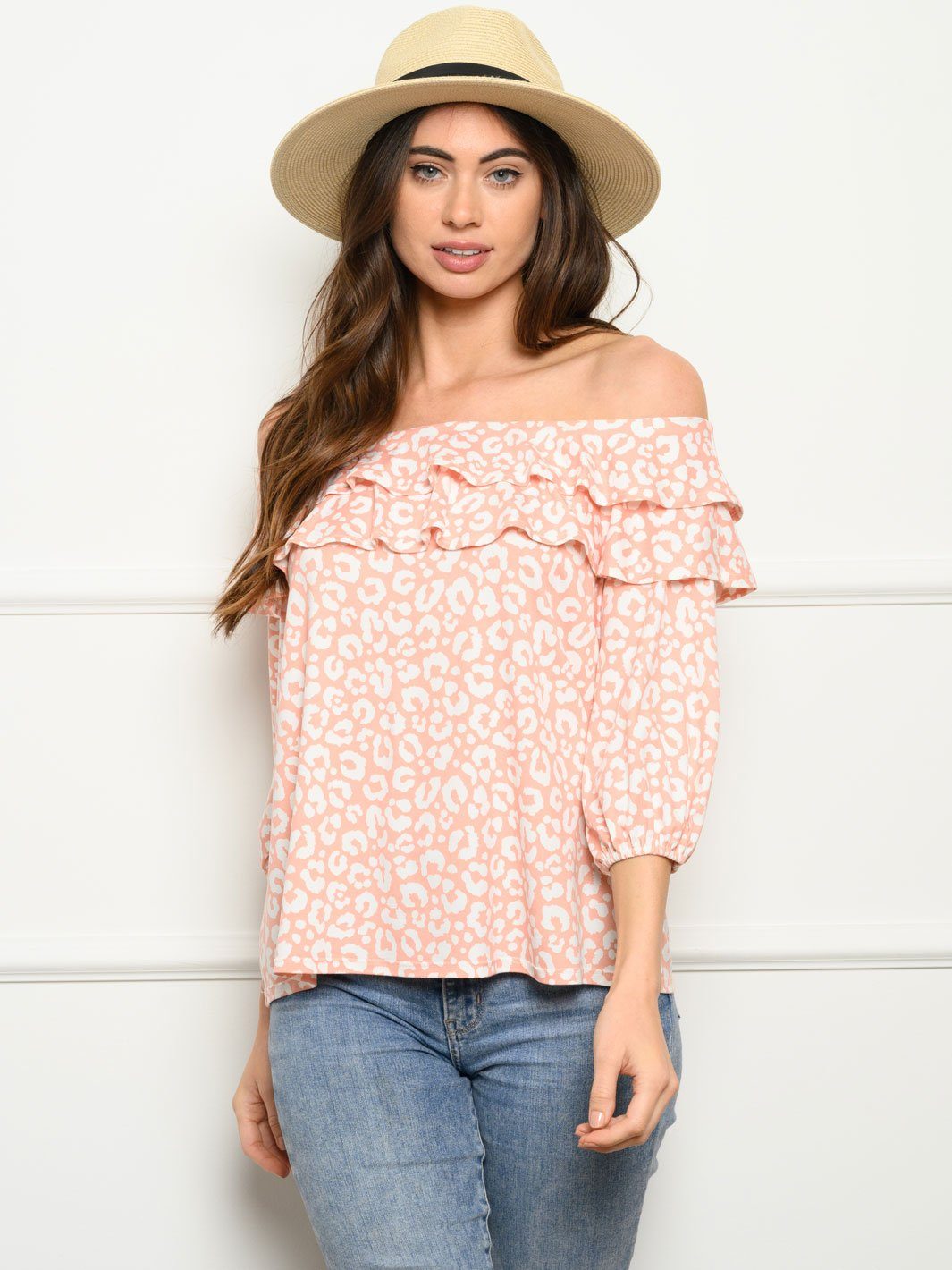 WOMEN'S 3/4 SLEEVE OFF SHOULDER RUFFLE TOP