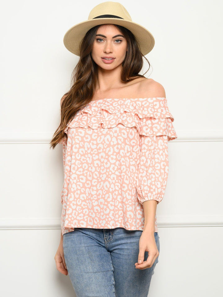 WOMEN'S 3/4 SLEEVE OFF SHOULDER RUFFLE TOP