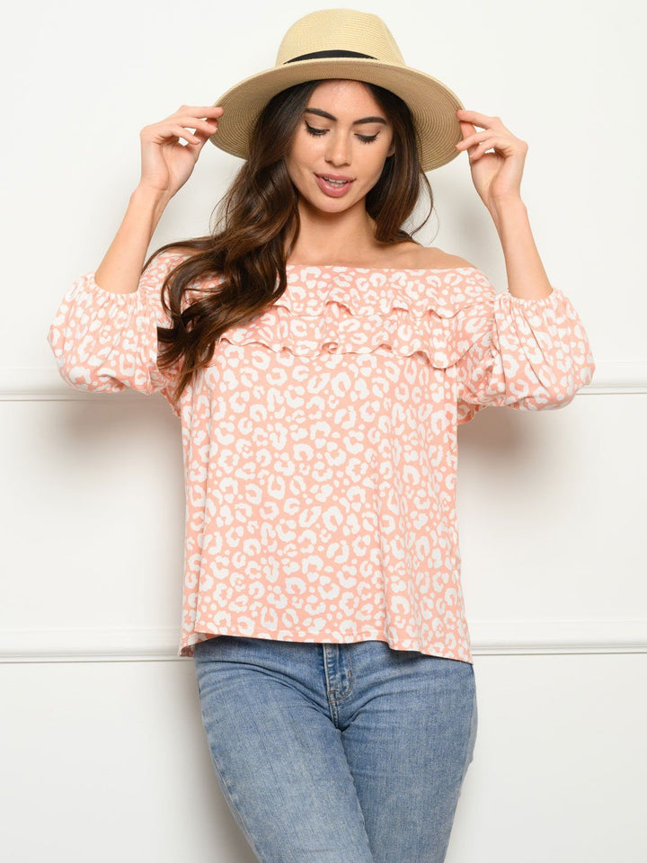 WOMEN'S 3/4 SLEEVE OFF SHOULDER RUFFLE TOP