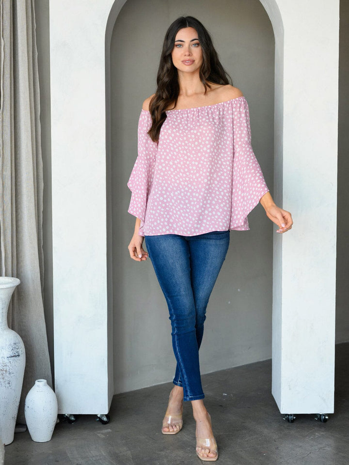 WOMEN'S OFF SHOULDER BELL SLEEVE ANIMAL PRINT TUNIC TOP
