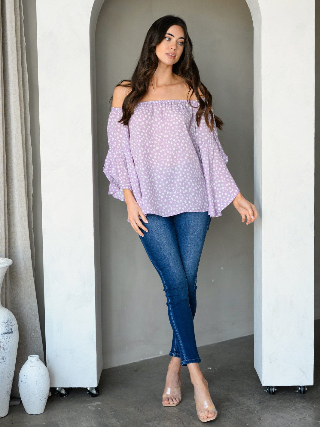WOMEN'S OFF SHOULDER BELL SLEEVE ANIMAL PRINT TUNIC TOP