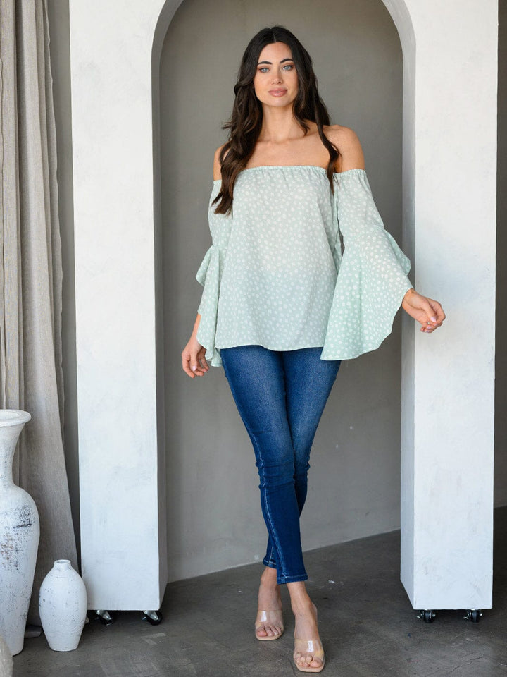 WOMEN'S OFF SHOULDER BELL SLEEVE ANIMAL PRINT TUNIC TOP
