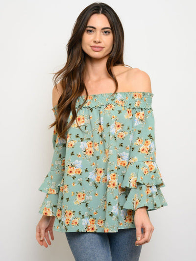 WOMEN'S OFF SHOULDER FLORAL LAYERED SLEEVE TOP