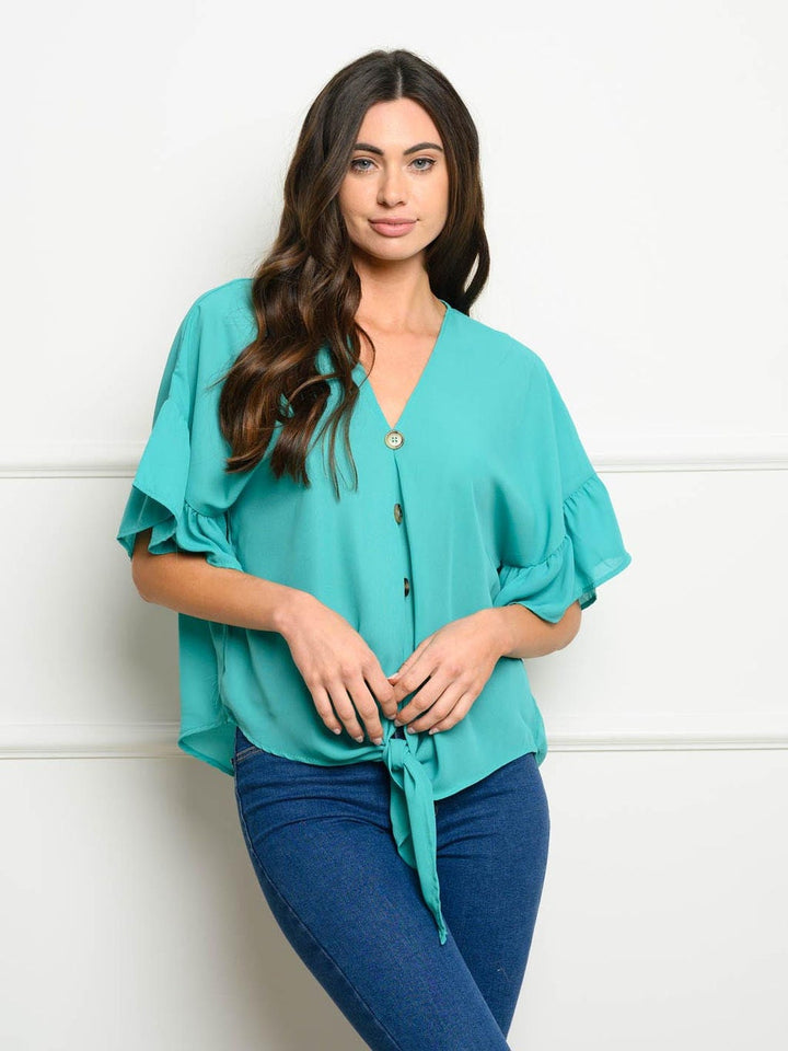 WOMEN'S 3/4 BELL SLEEVES BUTTON UP TOP