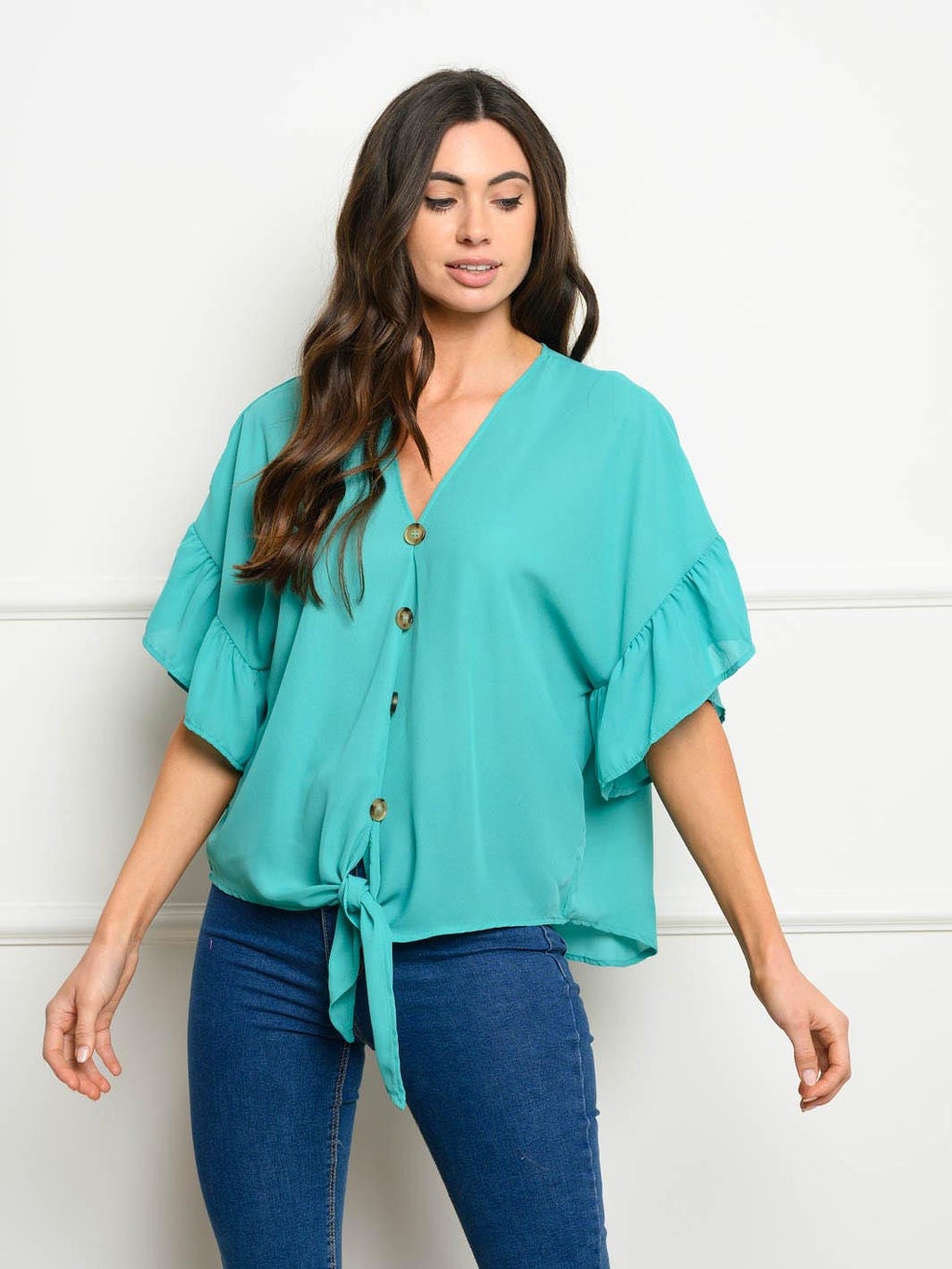 WOMEN'S 3/4 BELL SLEEVES BUTTON UP TOP