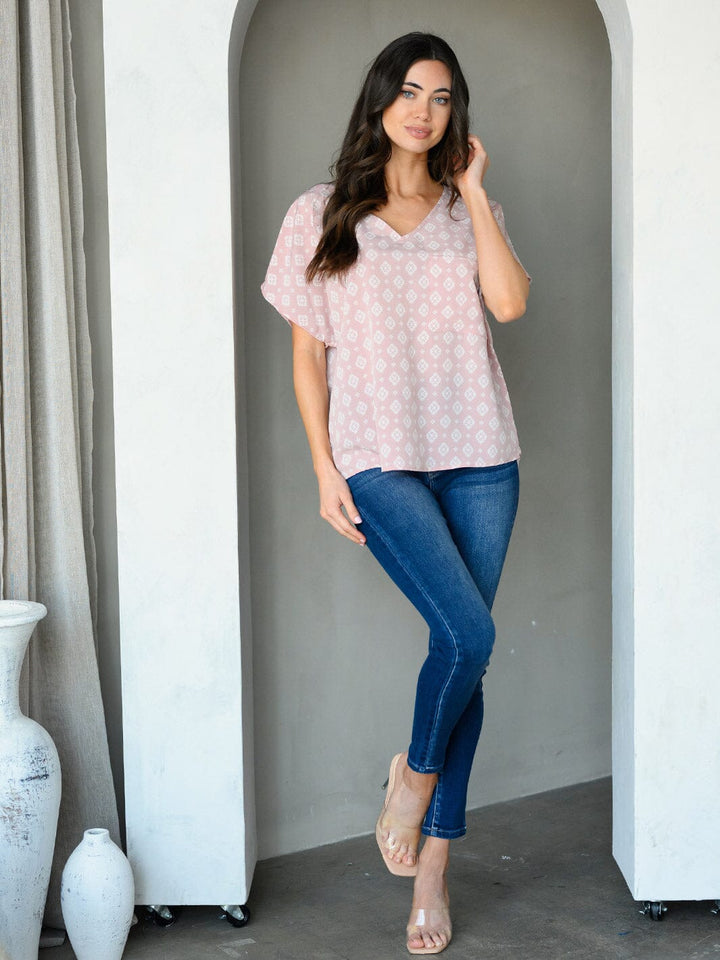 WOMEN'S SHORT SLEEVE V-NECK MULTI PRINT TUNIC TOP