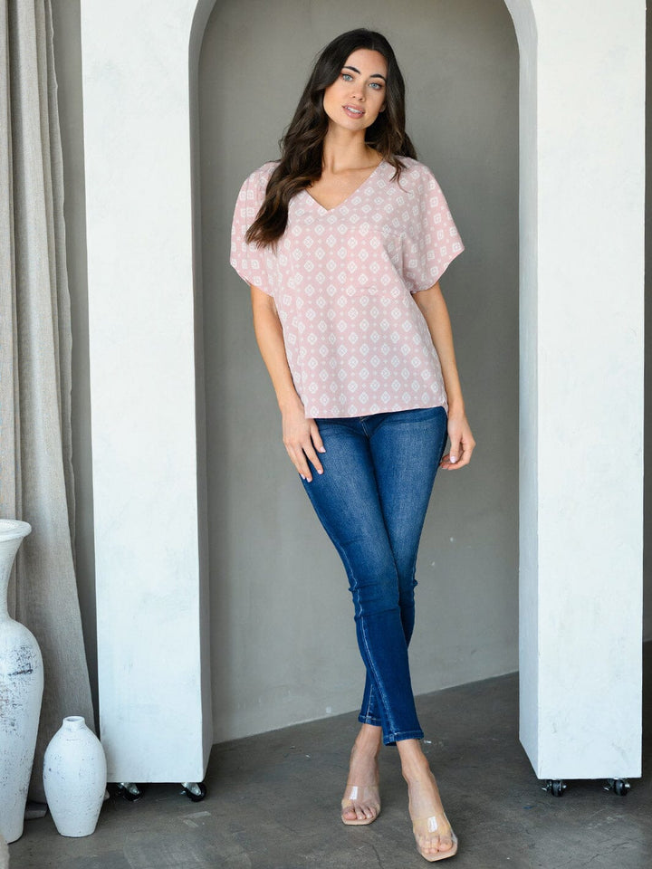 WOMEN'S SHORT SLEEVE V-NECK MULTI PRINT TUNIC TOP