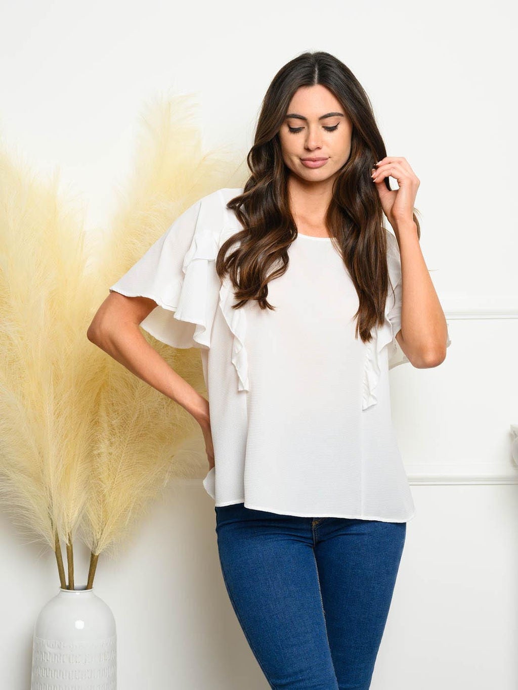 WOMEN'S SHORT RUFFLE SLEEVE TUNIC TOP
