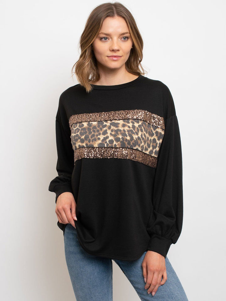 WOMEN'S LONG SLEEVE SEQUIN ANIMAL PRINT TOP