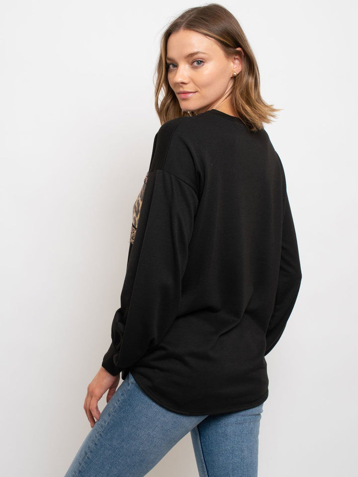 WOMEN'S LONG SLEEVE SEQUIN ANIMAL PRINT TOP