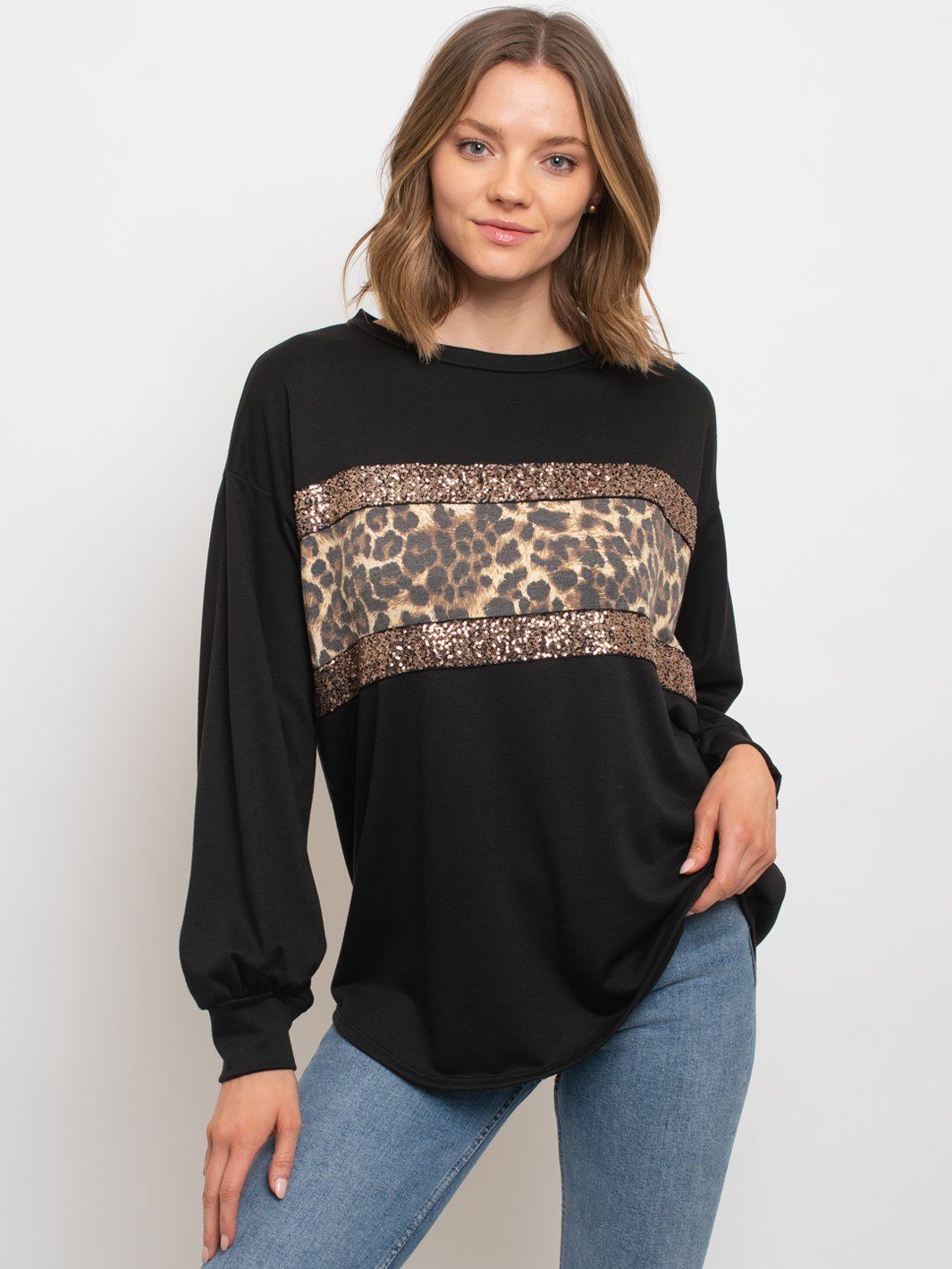 WOMEN'S LONG SLEEVE SEQUIN ANIMAL PRINT TOP