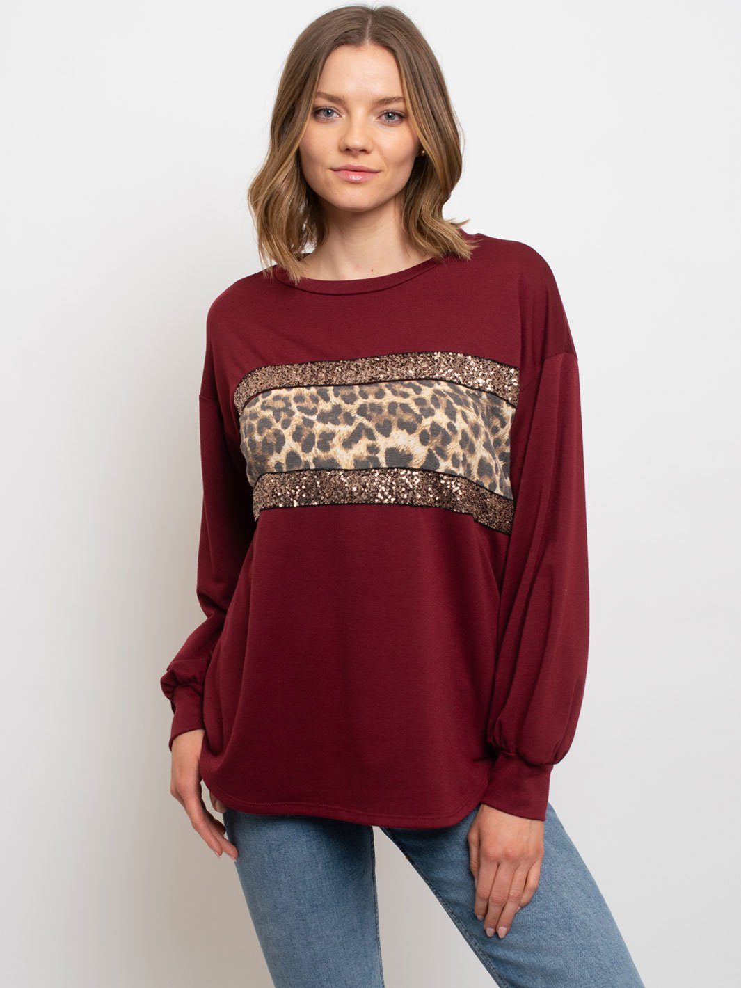 WOMEN'S LONG SLEEVE SEQUIN ANIMAL PRINT TOP