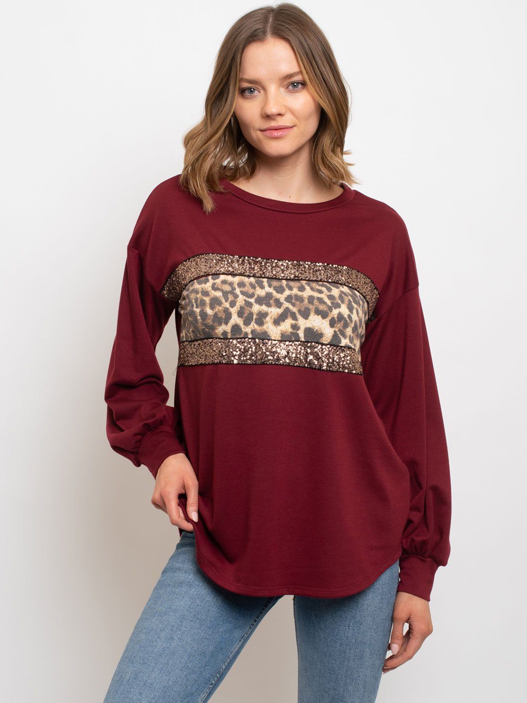 WOMEN'S LONG SLEEVE SEQUIN ANIMAL PRINT TOP