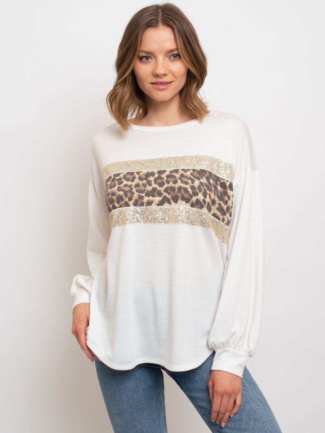 WOMEN'S LONG SLEEVE SEQUIN ANIMAL PRINT TOP