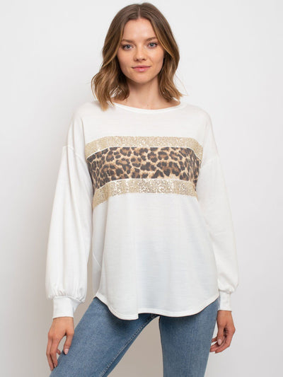 WOMEN'S LONG SLEEVE SEQUIN ANIMAL PRINT TOP