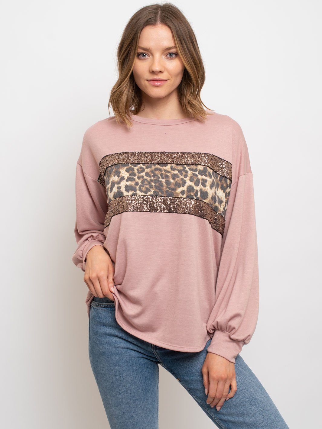 WOMEN'S LONG SLEEVE SEQUIN ANIMAL PRINT TOP