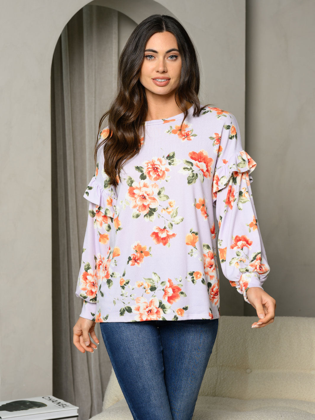 WOMEN'S LONG PUFF SLEEVE RUFFLE FLORAL TUNIC TOP