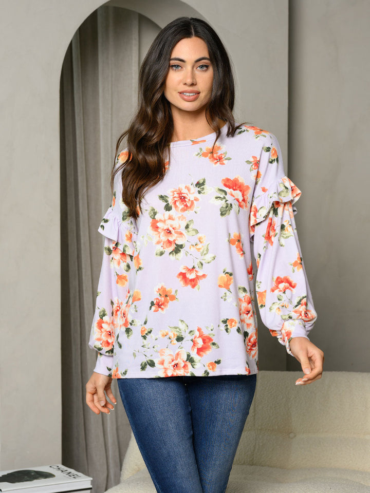 WOMEN'S LONG PUFF SLEEVE RUFFLE FLORAL TUNIC TOP