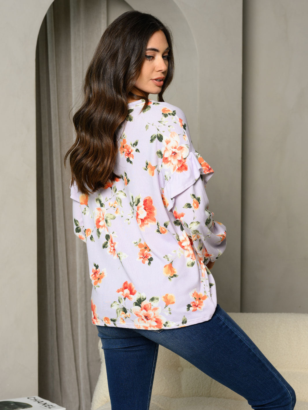 WOMEN'S LONG PUFF SLEEVE RUFFLE FLORAL TUNIC TOP