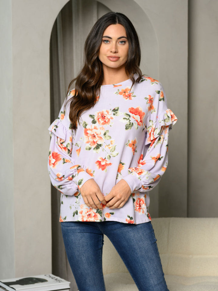 WOMEN'S LONG PUFF SLEEVE RUFFLE FLORAL TUNIC TOP