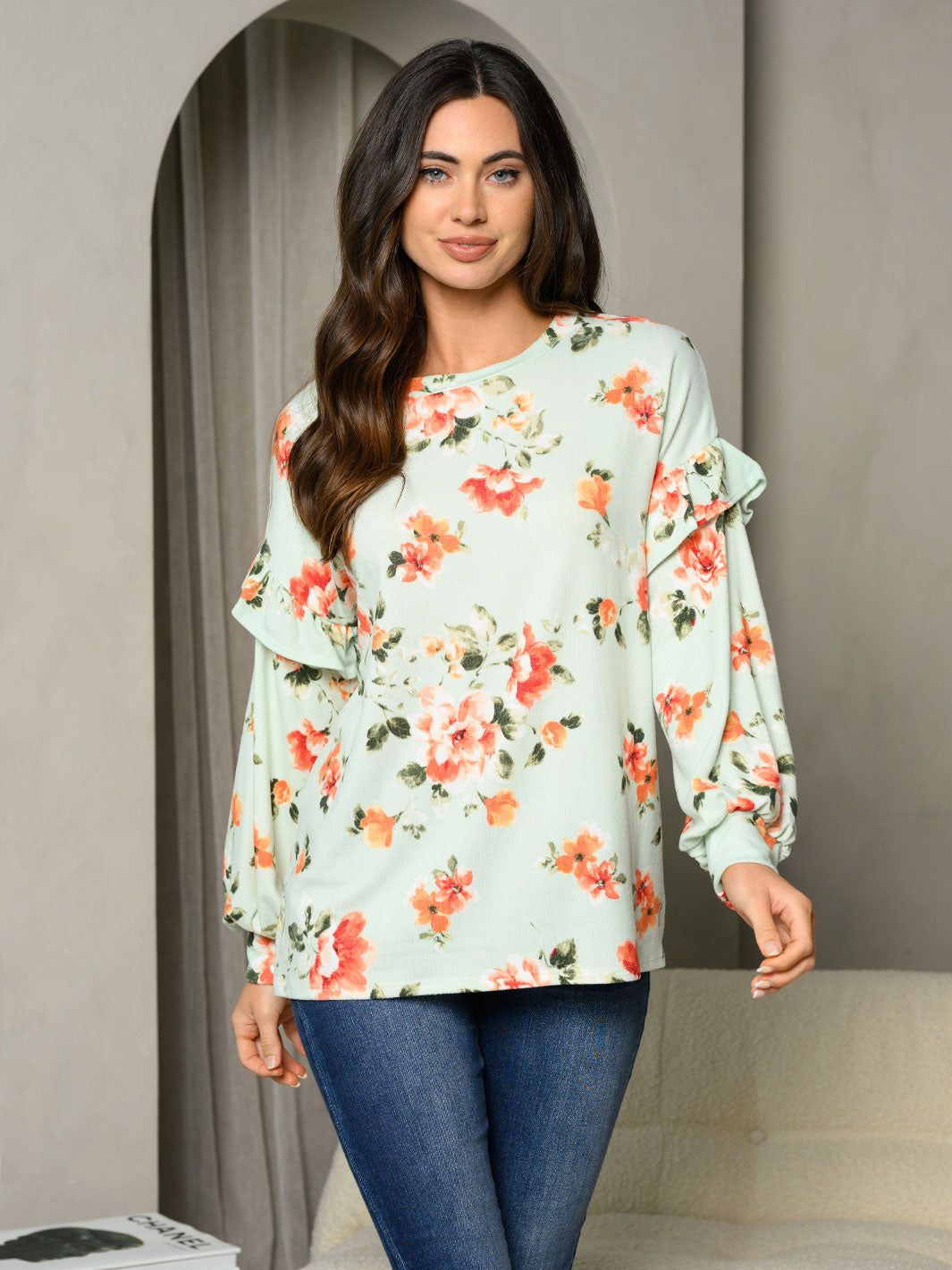 WOMEN'S LONG PUFF SLEEVE RUFFLE FLORAL TUNIC TOP