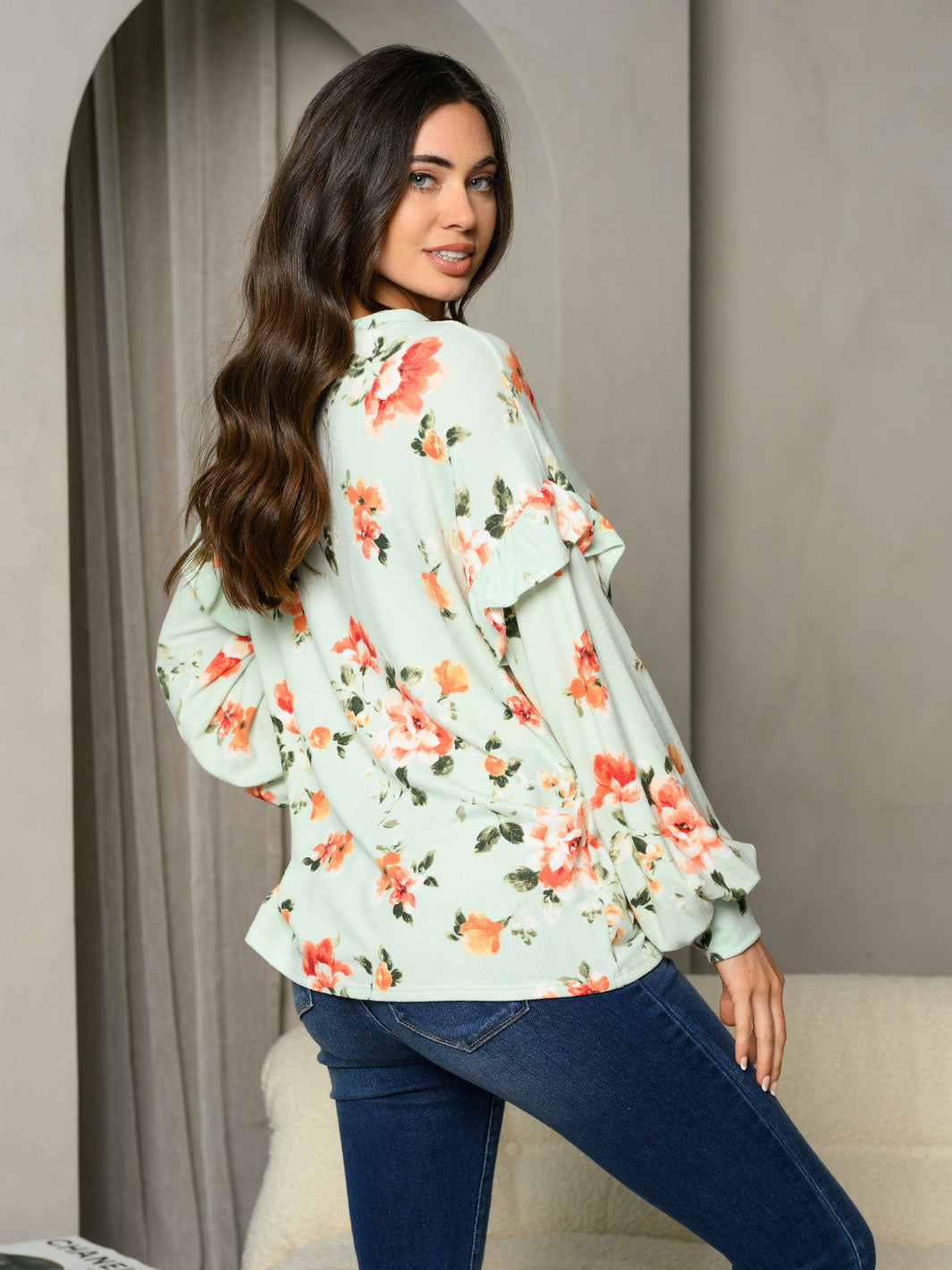 WOMEN'S LONG PUFF SLEEVE RUFFLE FLORAL TUNIC TOP