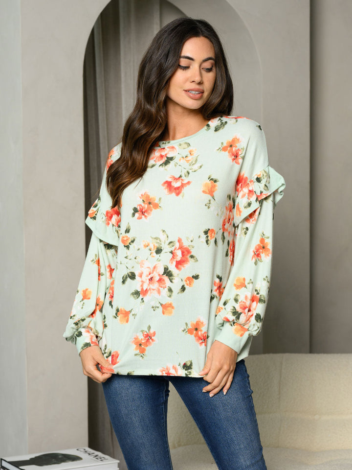 WOMEN'S LONG PUFF SLEEVE RUFFLE FLORAL TUNIC TOP