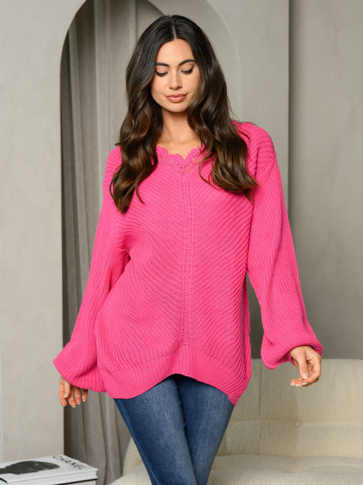 WOMEN'S LONG SLEEVE LACE TRIM SWEATER TOP