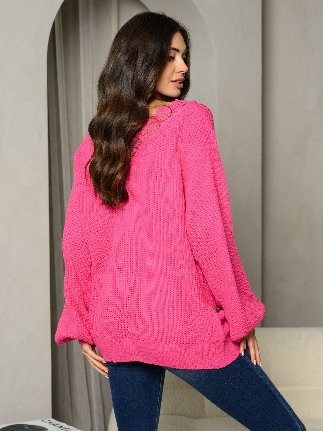 WOMEN'S LONG SLEEVE LACE TRIM SWEATER TOP