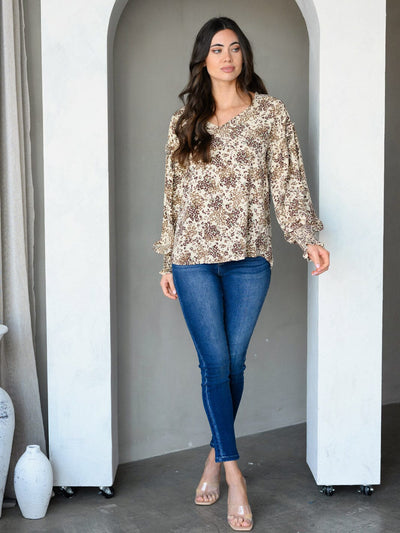 WOMEN'S LONG SLEEVE V-NECK FLORAL PRINT TUNIC TOP