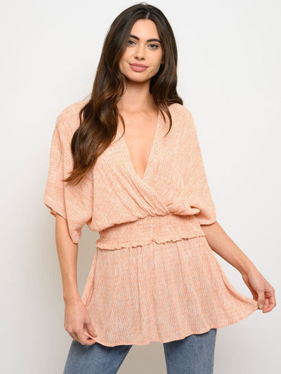 WOMEN'S V-NECK RUCHED TUNIC SHORT SLEEVE TOP