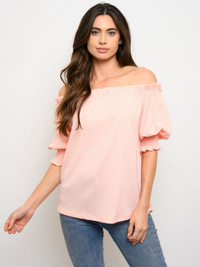 WOMEN'S OFF SHOULDER RUCHED SHORT SLEEVE TOP