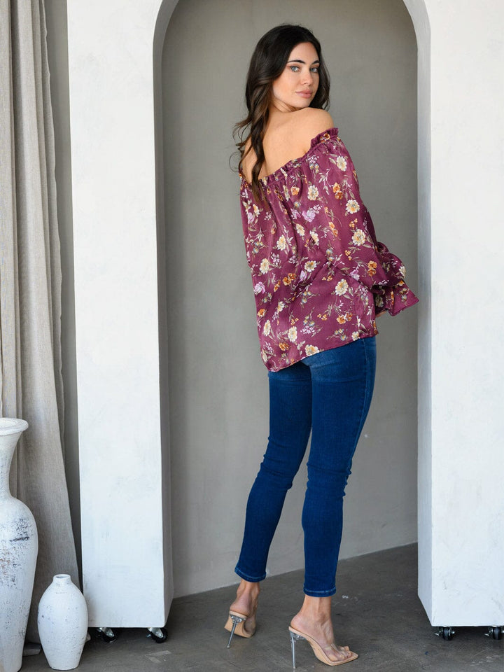 WOMEN'S OFF SHOULDER LONG SLEEVE SATIN FLORAL TUNIC TOP