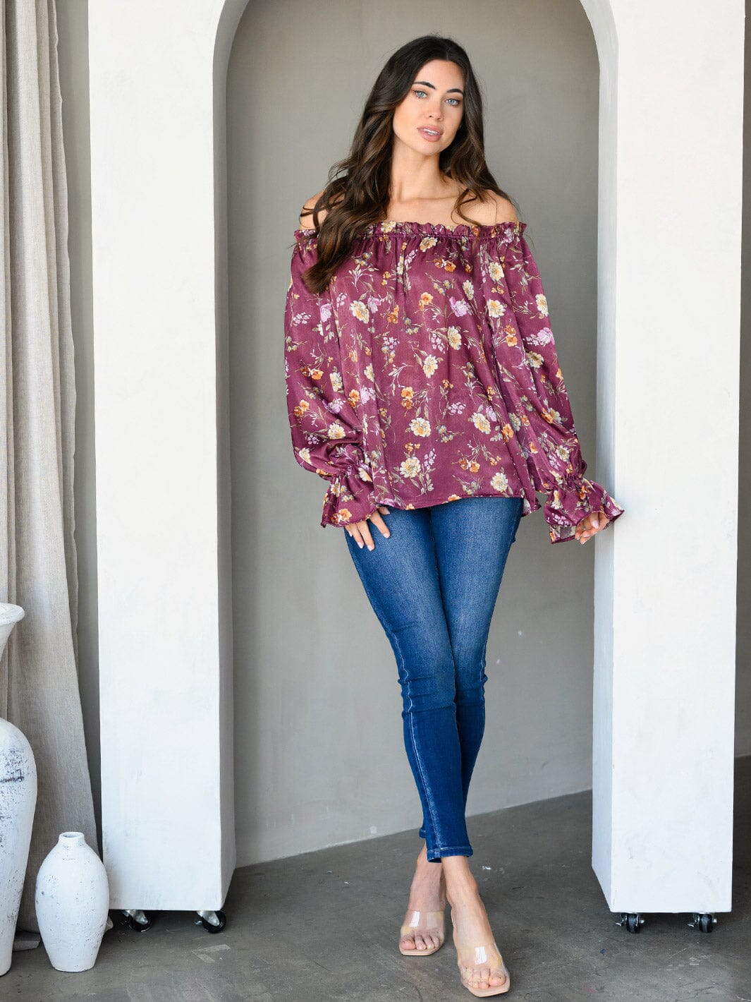 WOMEN'S OFF SHOULDER LONG SLEEVE SATIN FLORAL TUNIC TOP
