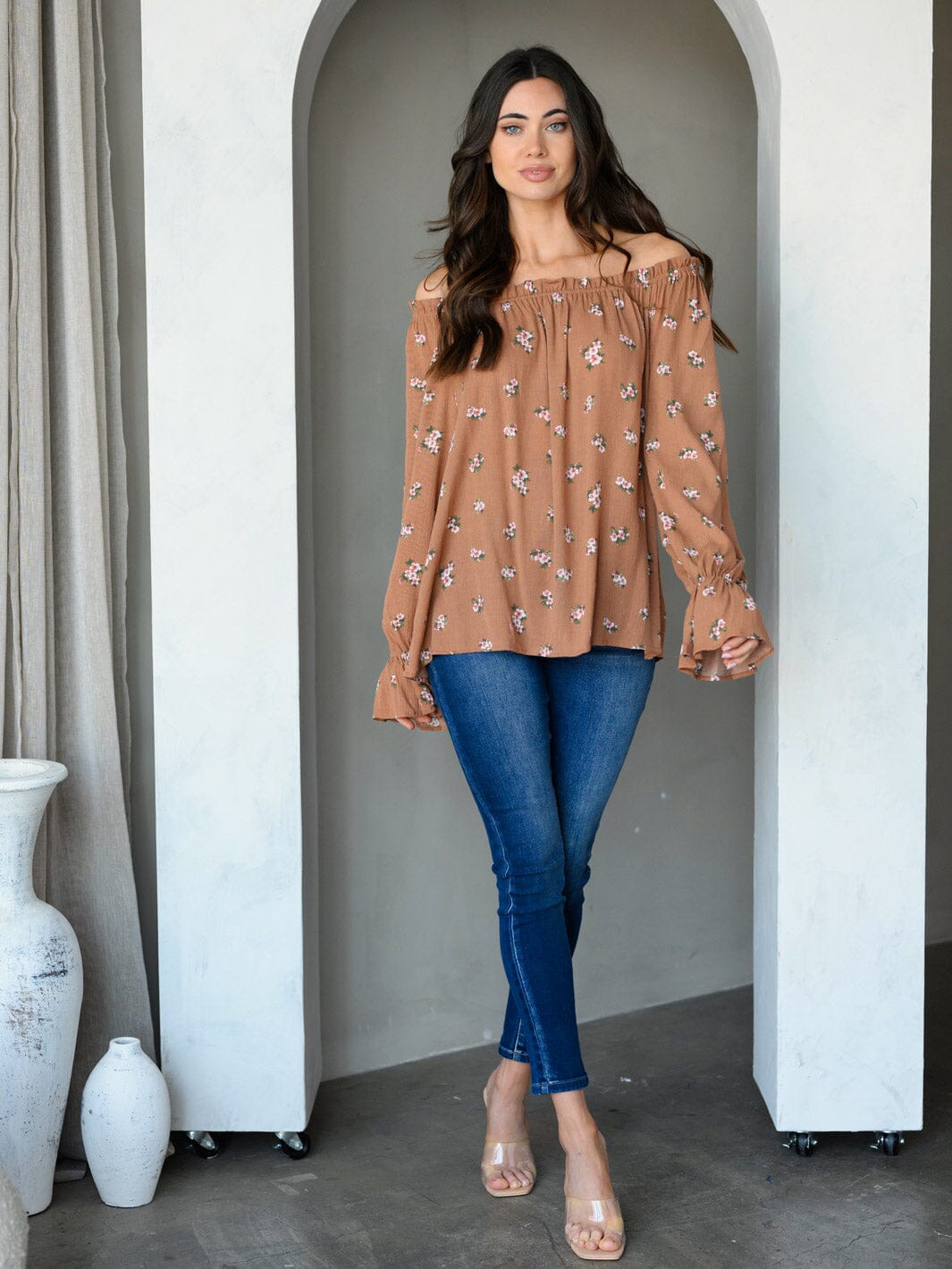 WOMEN'S OFF SHOULDER LONG SLEEVE FLORAL TUNIC TOP