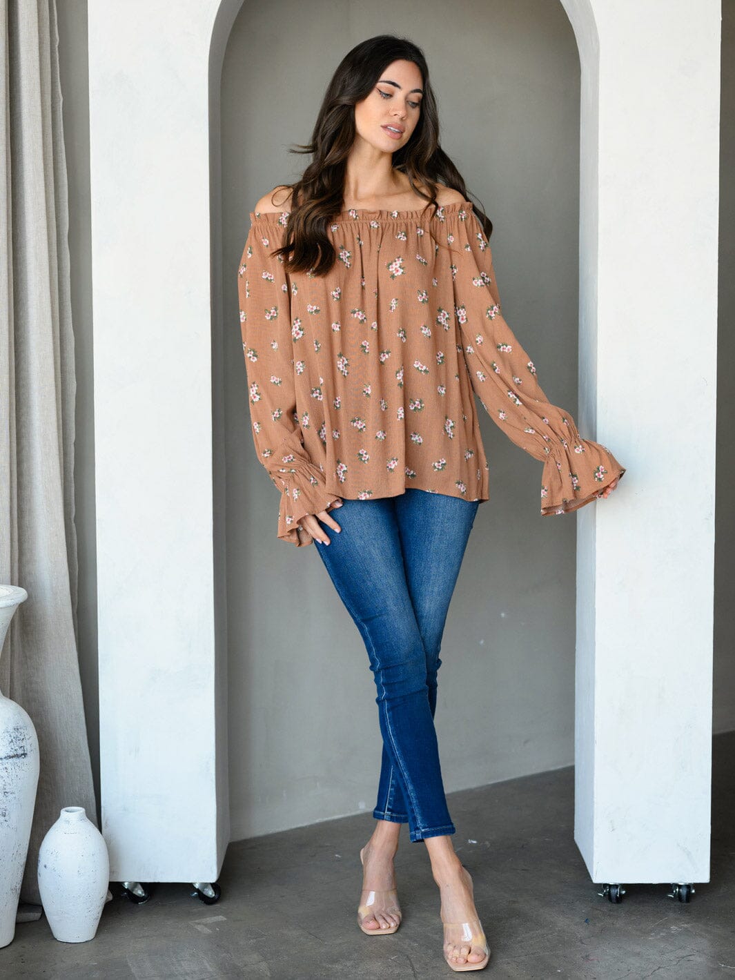 WOMEN'S OFF SHOULDER LONG SLEEVE FLORAL TUNIC TOP