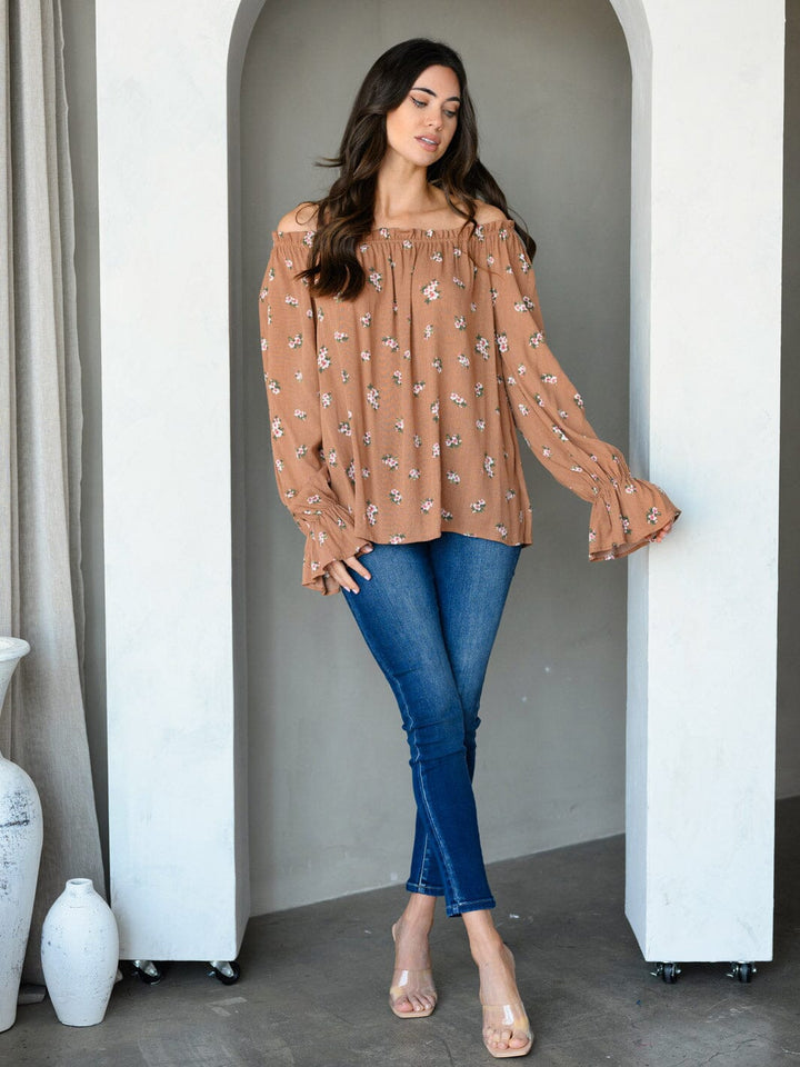 WOMEN'S OFF SHOULDER LONG SLEEVE FLORAL TUNIC TOP