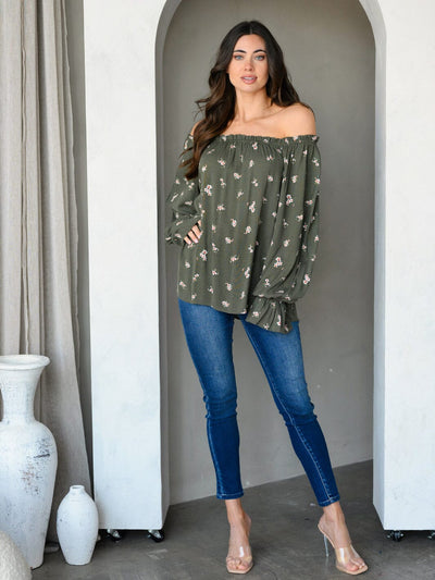 WOMEN'S OFF SHOULDER LONG SLEEVE FLORAL TUNIC TOP