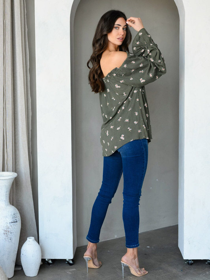 WOMEN'S OFF SHOULDER LONG SLEEVE FLORAL TUNIC TOP