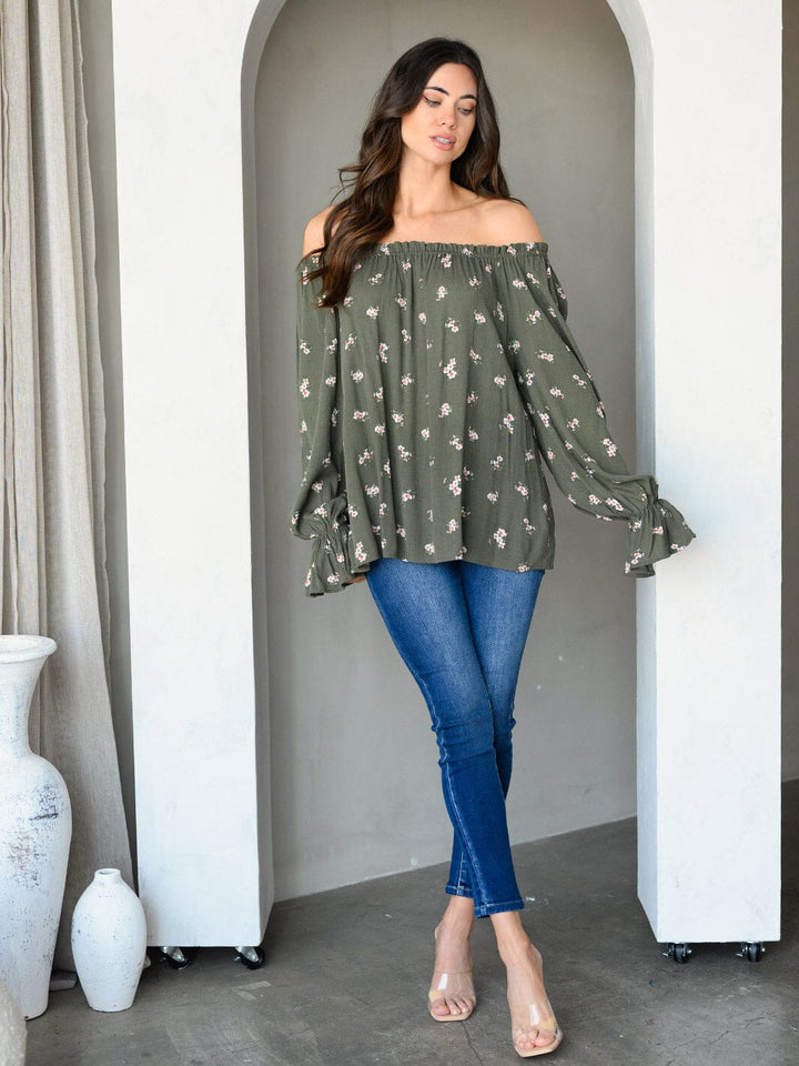 WOMEN'S OFF SHOULDER LONG SLEEVE FLORAL TUNIC TOP