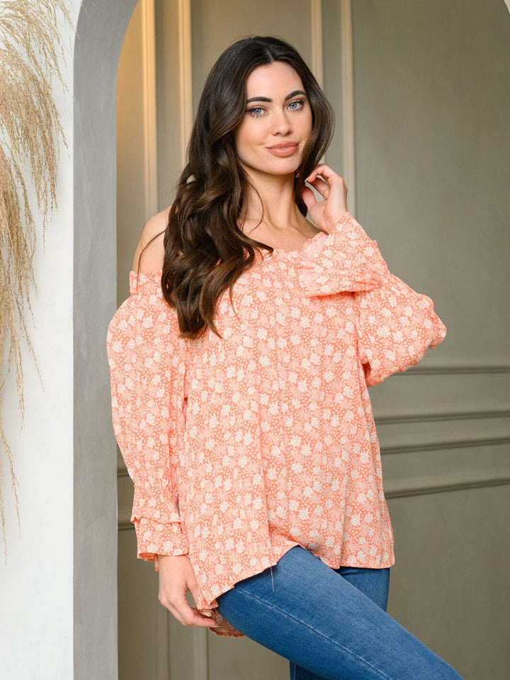 WOMEN'S LONG PUFF SLEEVE OFF SHOULDER FLORAL TUNIC TOP