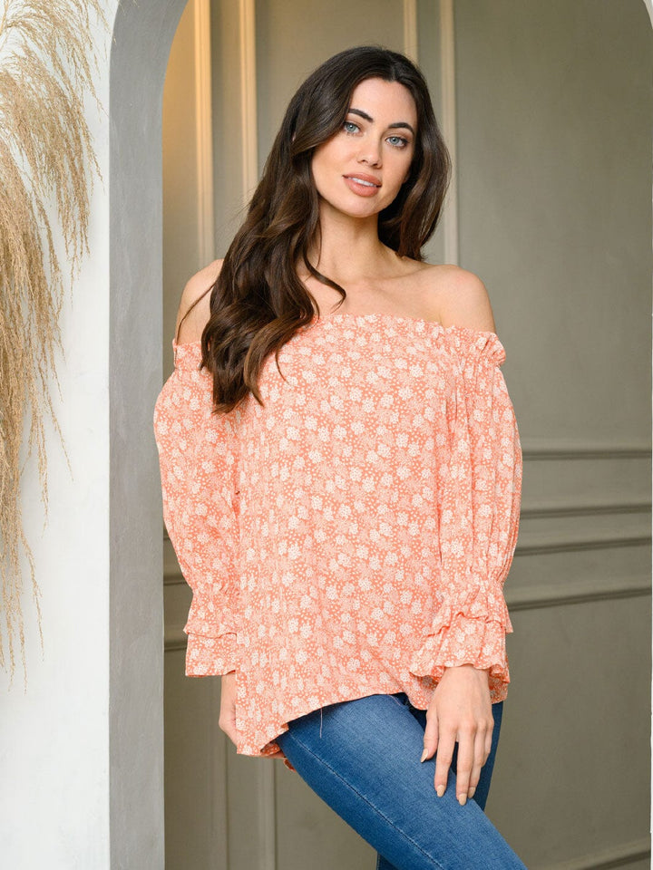 WOMEN'S LONG PUFF SLEEVE OFF SHOULDER FLORAL TUNIC TOP